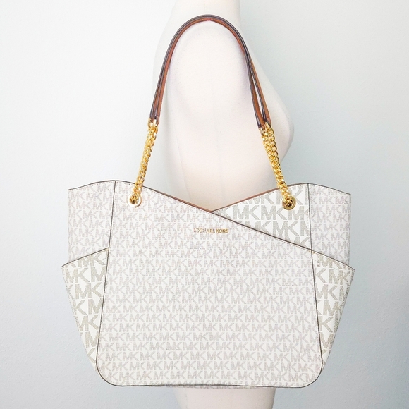 Michael Kors Cream White Brown Saffiano Leather Jet Set Chain Tote Handbag w COA - Picture 3 of 11